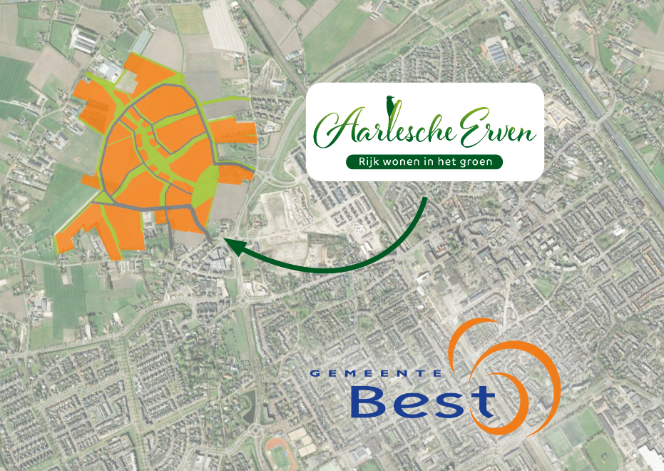Kaartje met ligging Aarlesche Erven, logo van gemeente Best en tekst Aarlesche Erven, Rijk wonen in het groen