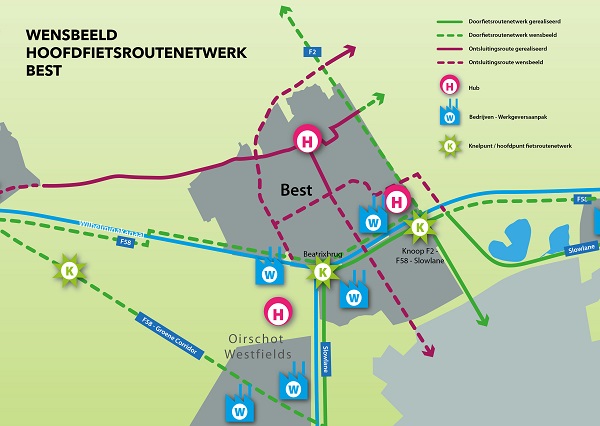 Overzicht van de doorfietsroutes in Best