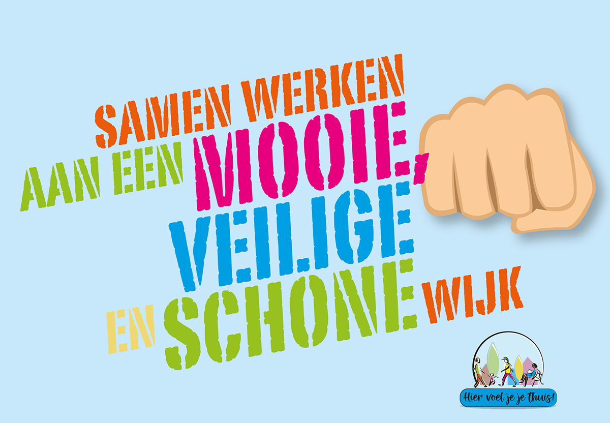 Illustratie met een fist bump vuist met een tekst over het samenwerken aan een mooie, veilige en schone wijk