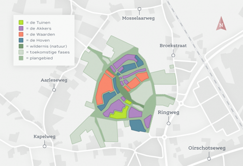 Kaart van de wijk Aarlesche Erven met in verschillende kleuren aangegeven welke gebieden er worden ontwikkeld.